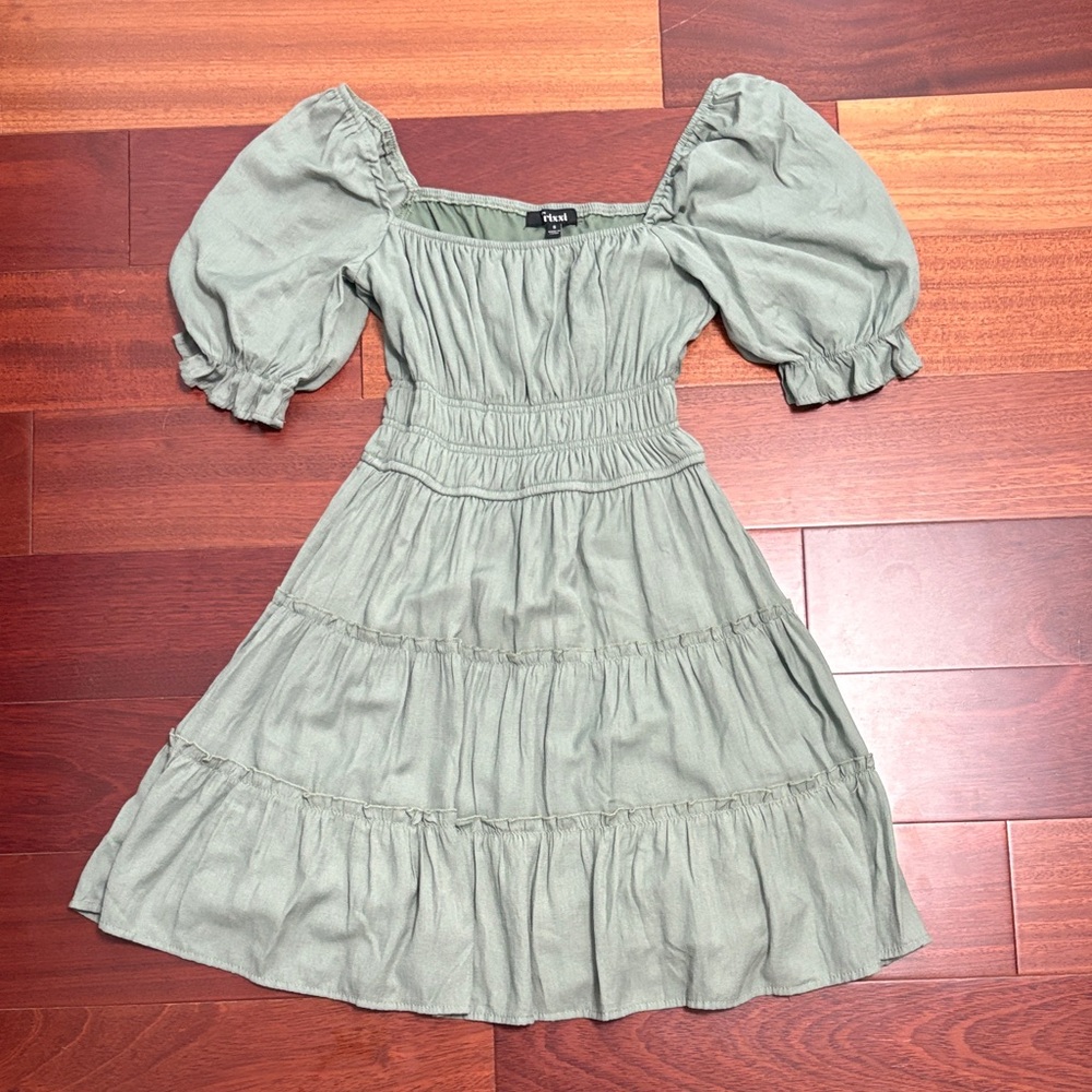 Trixxi Olive Green Dress Puff Sleeve